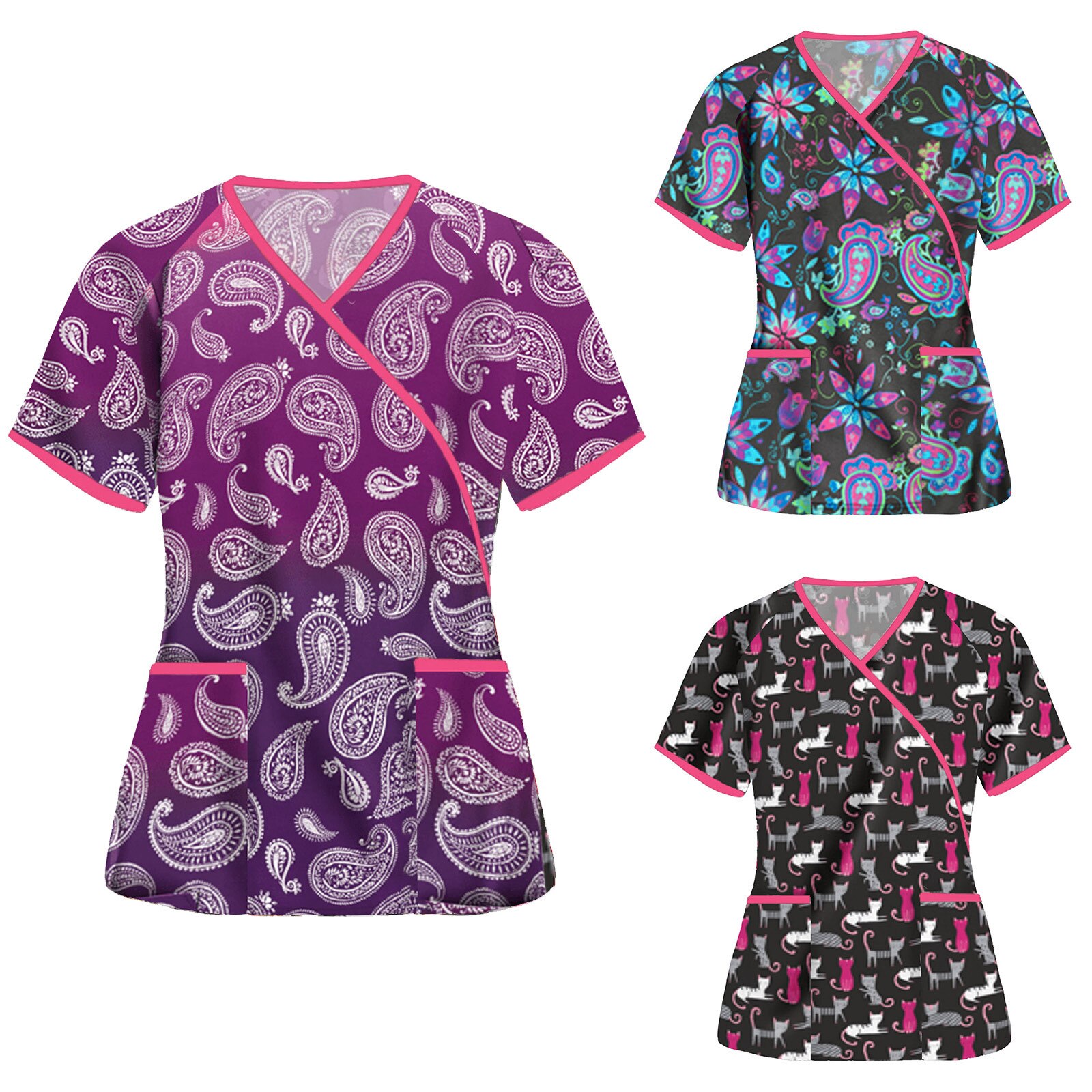 Scrubs Medische Uniformen Vrouwen Kleding Korte Mouw V-hals T-shirt Tops Werken Uniform Zomer Print Blouse Scrub Tops J30