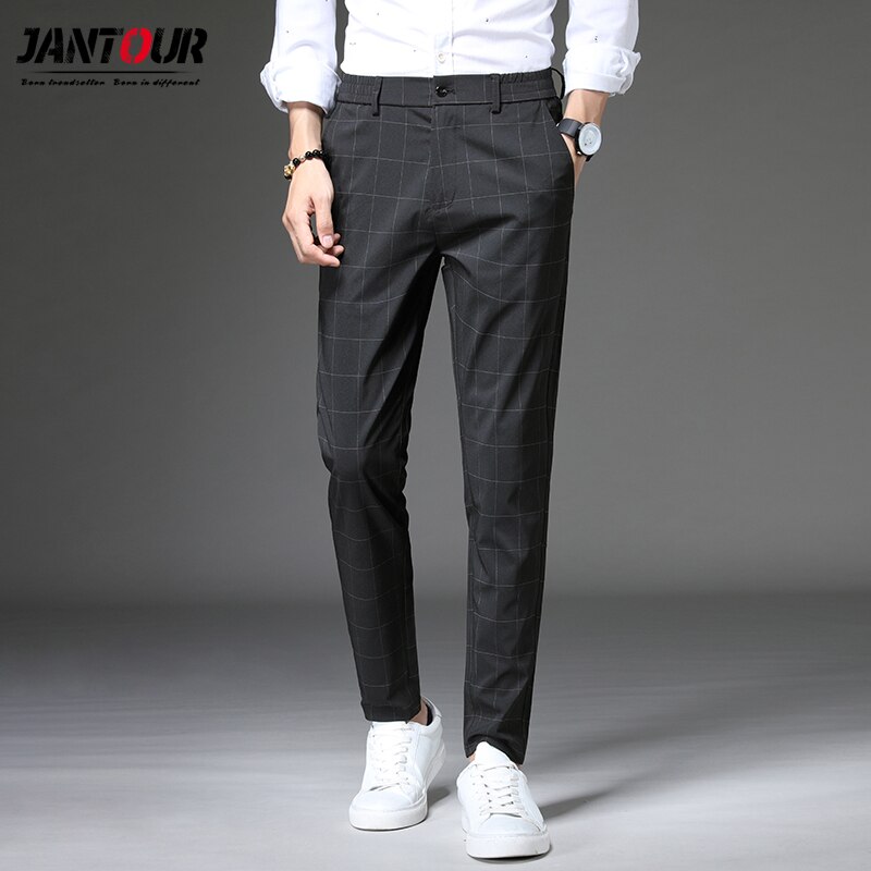 Mærke sommer tynde mænd bukser casual business mænd bukser mænd klassikere plaid lige fulde pantalones hombre spodnie 28-38: 29 / Sort