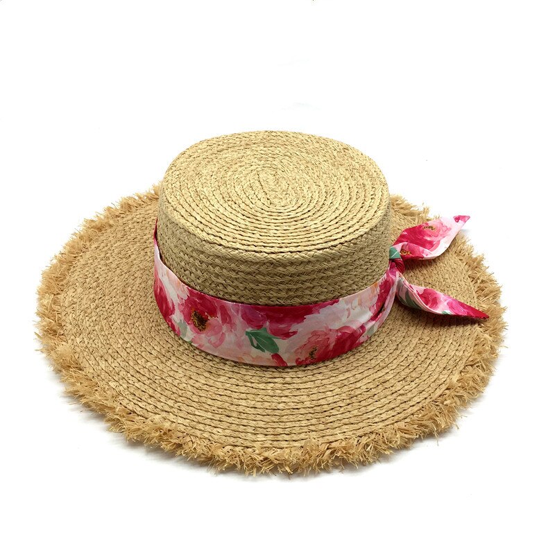 Vrouwen Natuurlijke Zomer Strand Hoed Raffia Stro Hoed Meisjes Bloemen Gedrukt Band Floppy Raffia Schipper Stro Hoed Met Kwastje Rand