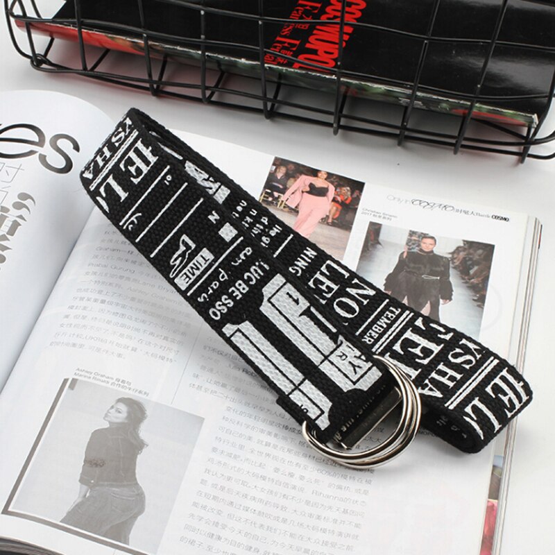 Unisex Canvas Riemen Letters Gedrukt D Ring Dubbele Gesp Punk Taille Band Vrouwen Mannen Tiener Lange Brede Riem: C black