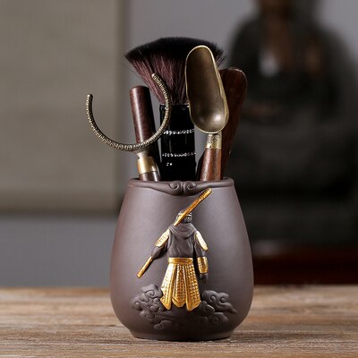 Accessoires thé en bois massif Kung Fu | Ensemble cérémonie du thé Sun Wukong, cuillère à Clip en bois massif, service à thé Kung Fu,: F