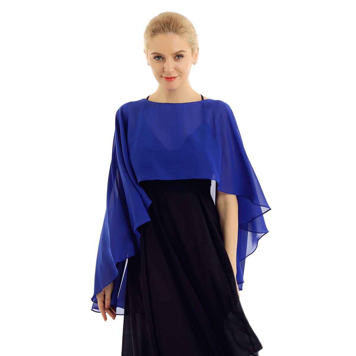 Damer bryllup brudekapper bolero shrug chiffon ensfarget genser langt sjal sjal kveldsfest brudepikekjole cover-up: Svart