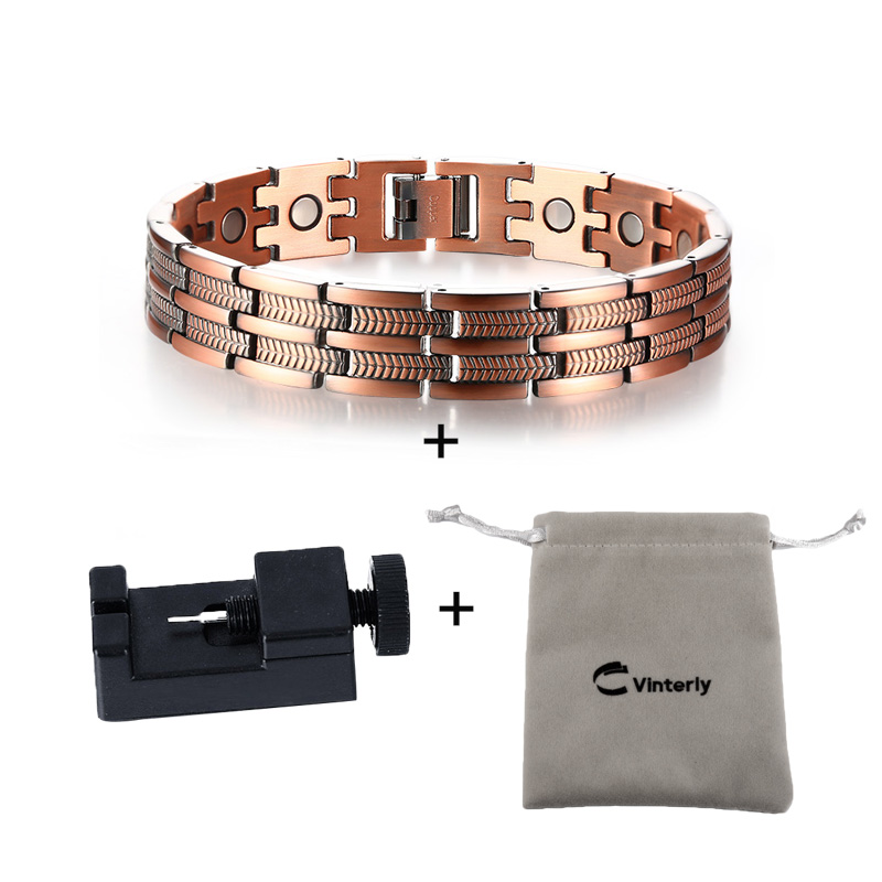 Vinterly Magnetic Pure Copper Bracelet Men Wheat Leaf 13mm Wrist Band Magnet Arthritis Pain Relief Male Energy Jewelry Male: Rhodium Plated