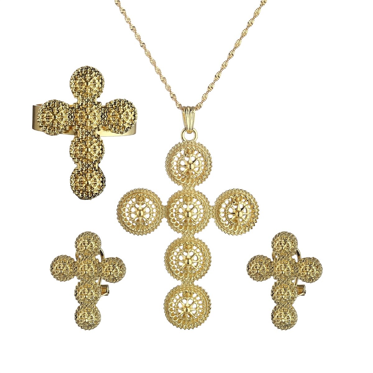 Set di gioielli con anelli pendenti con croce grande etiope africana Color oro per donna uomo