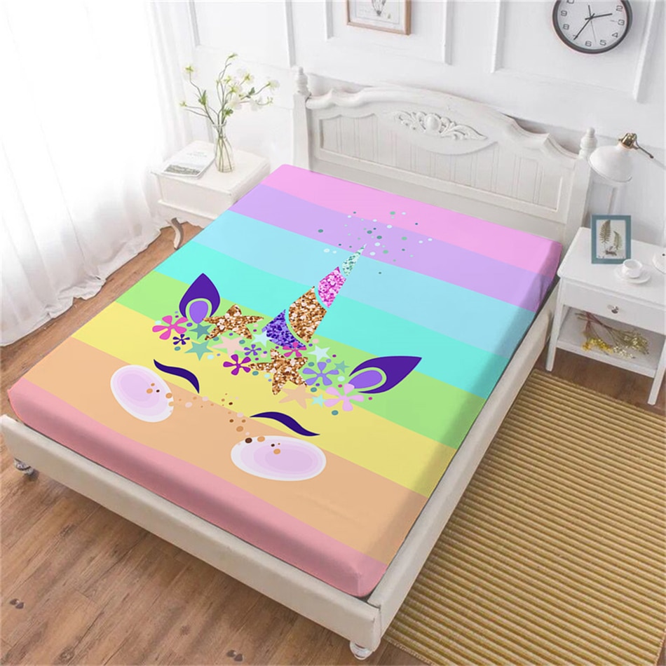 Colorful Cartoon Bed Sheet Cute Unicorn Fitted Sheet Rainbow Color Striped Bedding Twin Full Queen King Mattress Cover