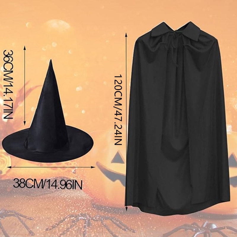 Mantello nero Cosplay Mantello lungo medievale Festa di Halloween Donna Uomo Adulto Lungo mago Stregoneria Wicca Abito cappello set Costume da strega