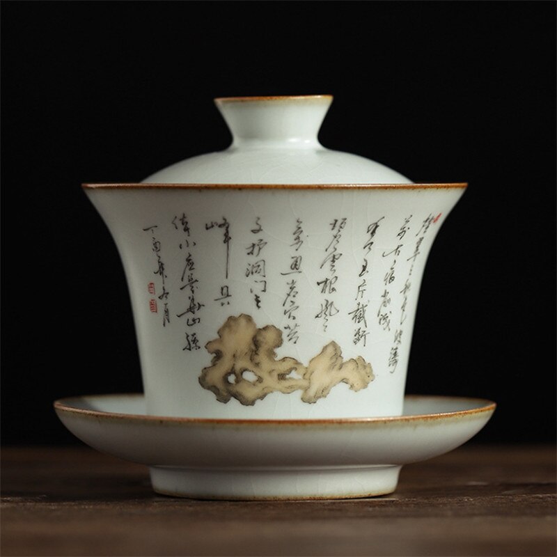 Large Jingdezhen Kiln Retro Ceramic Hand-painted Persimmon Kung Fu Gaiwan Handmade Porcelain Tea Tureen Office Tea Cup Drinkware: E