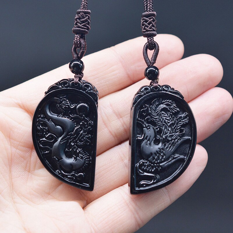 1 Set Obsidian Carving Drachen und Phoenix Halskette Anhänger YIN YANG Anhänger Halskette Obsidian Glück Anhänger