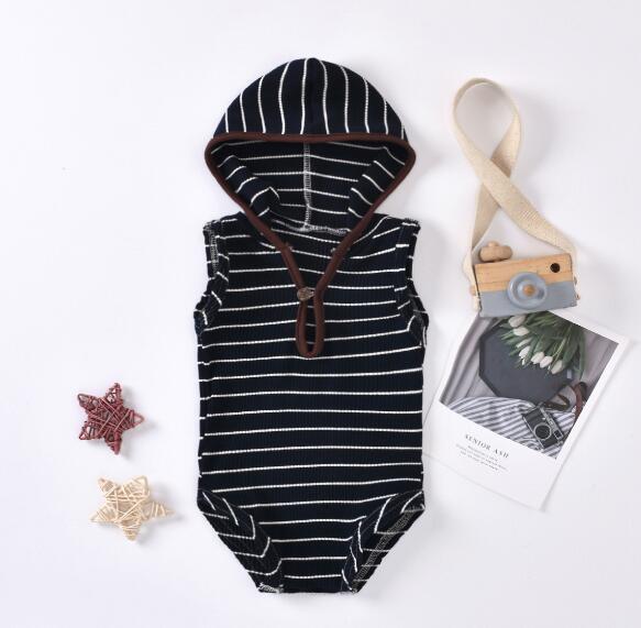 Décontracté bébé barboteuses à capuche 3 couleurs rayé tricoté bouton sans manches combinaison Outwear garçons filles vêtements: A / 12M