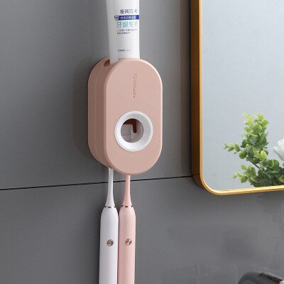 Automatisk tandpasta dispenser badeværelse tilbehør vægmonteret klemme til værktøj til tandbørste til voksne og børn: Lyserød