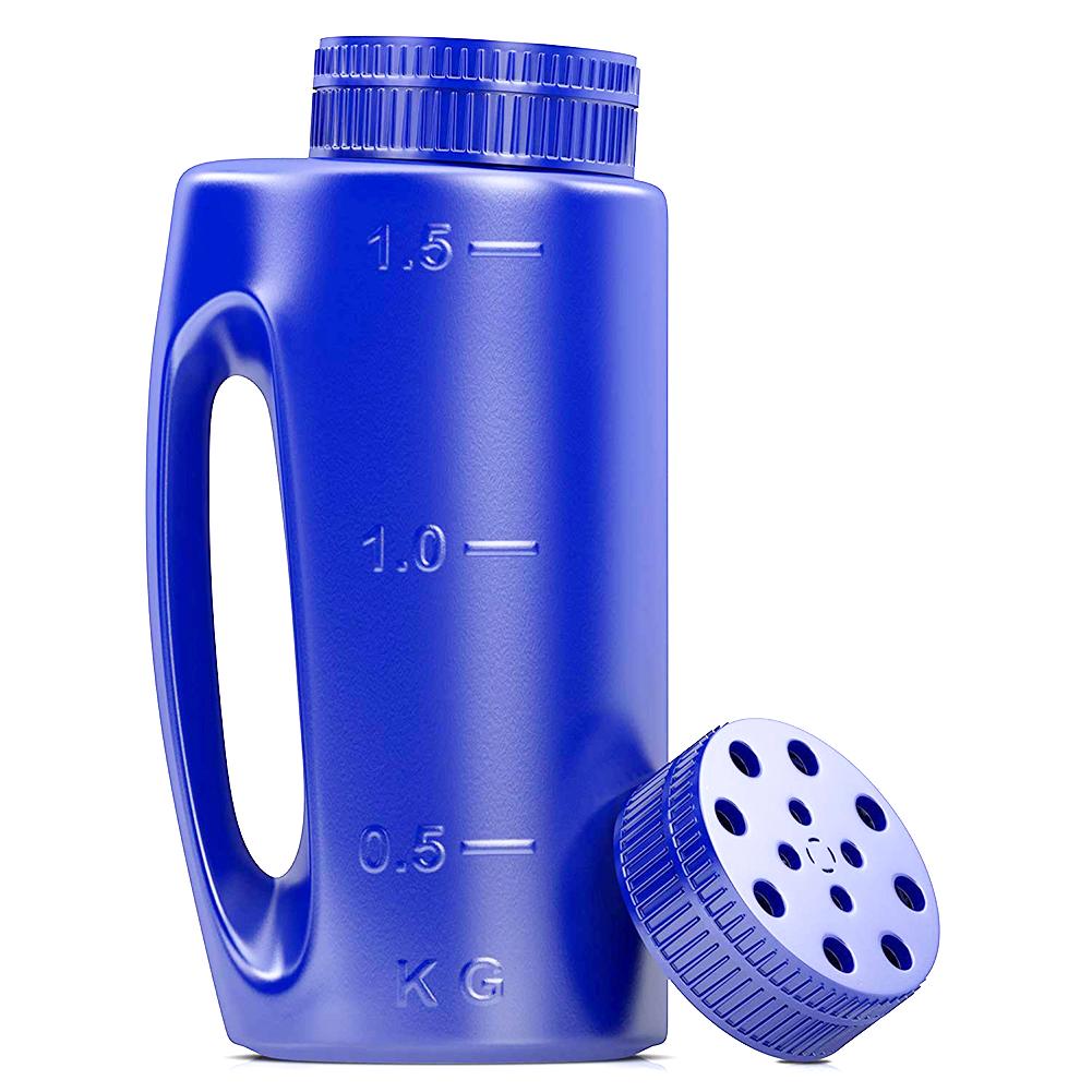 2L Hand Held Spreader in Blue Adjustable Hole Size for Seed Fertiliser Salt to Deice or any size Granule Complete with Scoop