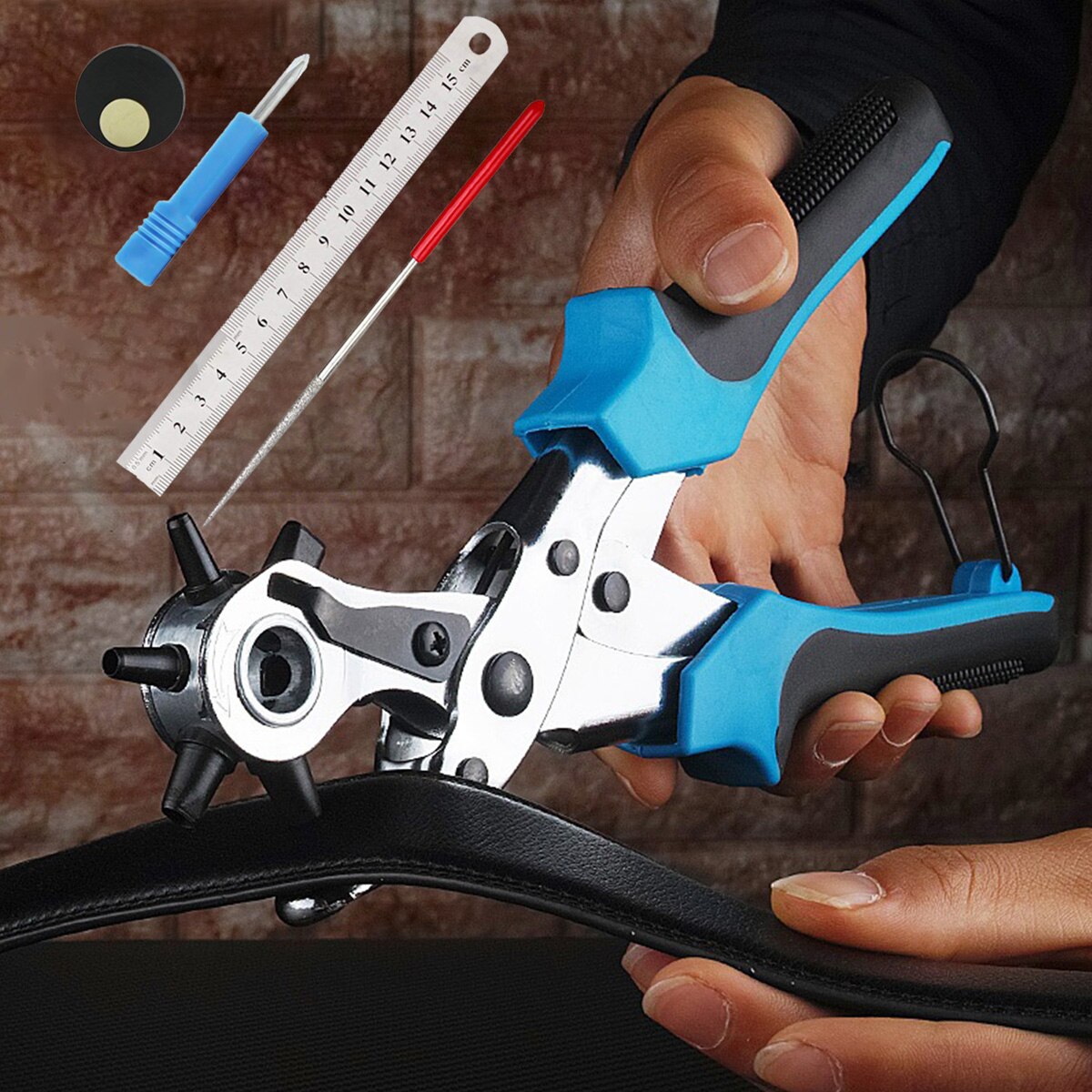 Leather Hole Puncher Hole Punch Tool with 6 Holes Belt Hole Punch Pliers Measuring Ruler Screwdriver Removal Awl Hole Puncher