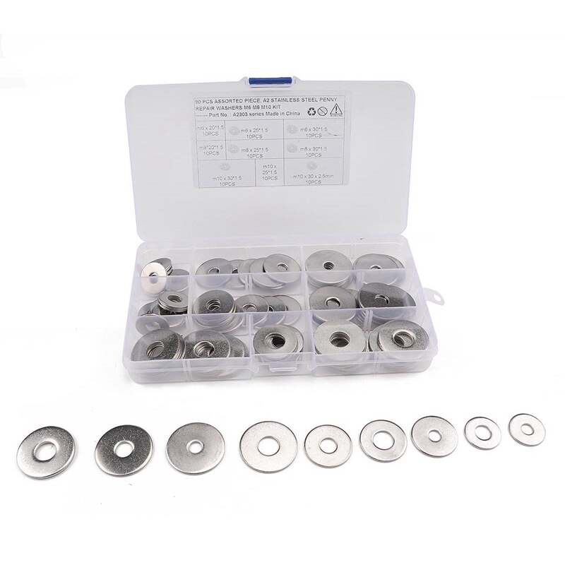 90PCS Boxed 304 Stainless Steel Washer Set 9 Specifications M6 M8 M10 Round Flat Washer Kit