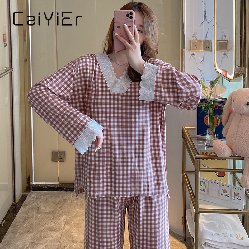 CAIYIER Women Grid Pajamas Set Princess Sweet Cute Sleepwear Sexy Lace Long Sleeve Pant V-Neck Loose Homewear 2Piece/Set