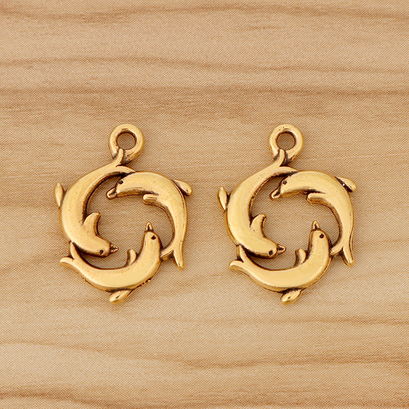 20 Pieces Tibetan Silver/Gold Color Dolphins Triple Dolphin Circle Round Charms Pendants for DIY Jewellery Making 20x16mm