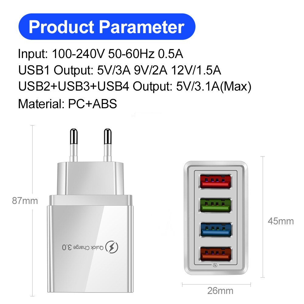 5V/3A Del Telefono 4 Porte Caricatore EU/US Carica Rapida 3.0 Caricatore USB Carica Veloce Veloce Veloce per il iphone 7 8 di Apple Samsung Xiaomi Huawei