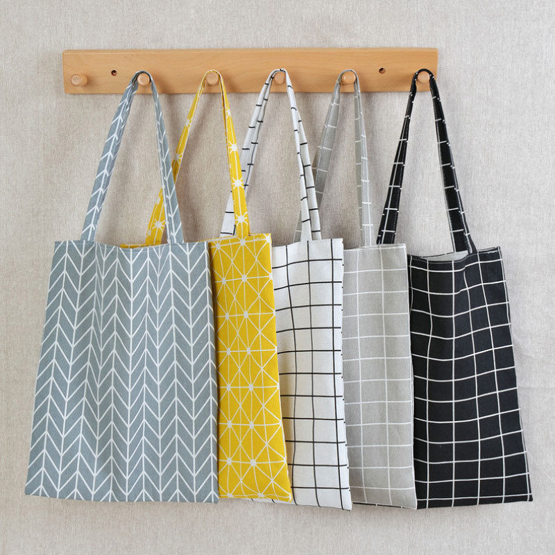 Reusable Shopping Canvas Tote Bag Women Cotton Linen Single Shoulder Bags Check Plaid Female Flax Grocery Bag