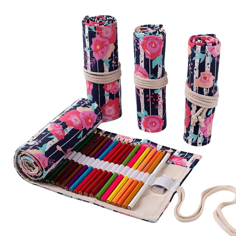 72 Gaten Schoolbenodigdheden Roll-Up Potlood Zakken Voor Kleur Potlood Pennen Tas Potlood Pouch Canvas Handgemaakte Bloemenprint kawaii Bgas: 72 hole Red roses