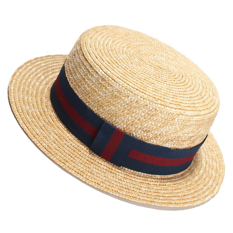Sun Hats Natural Wheat Straw Boater Top Hat Women Summer Beach Flat Brim Cap Bowknot Ribbon for Sombreros De Sol: 4