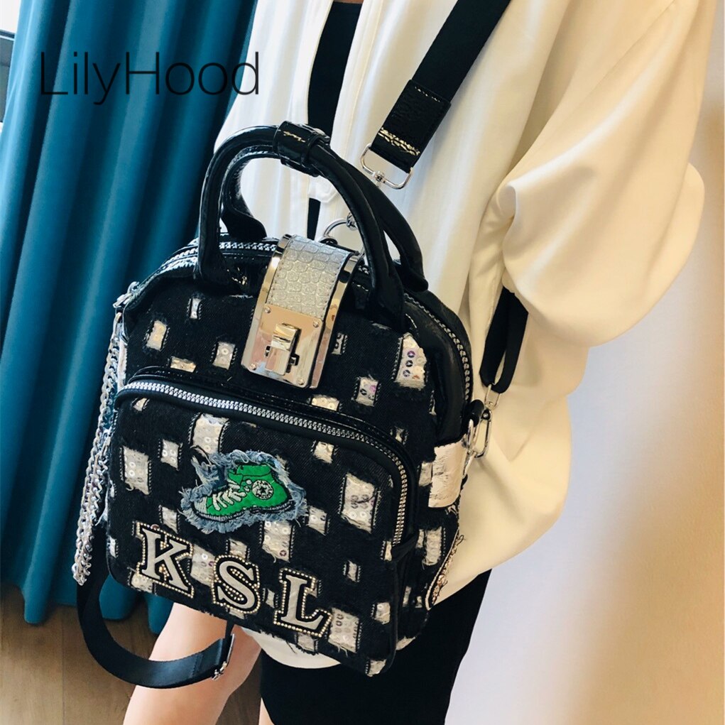 Damen-Rucksack aus lässigem Denim mit schimmernden pailletten Ich bin koreanischen stil, Ideal für Höhle alltag und als accessoire mit aufnähern und abzeichen.