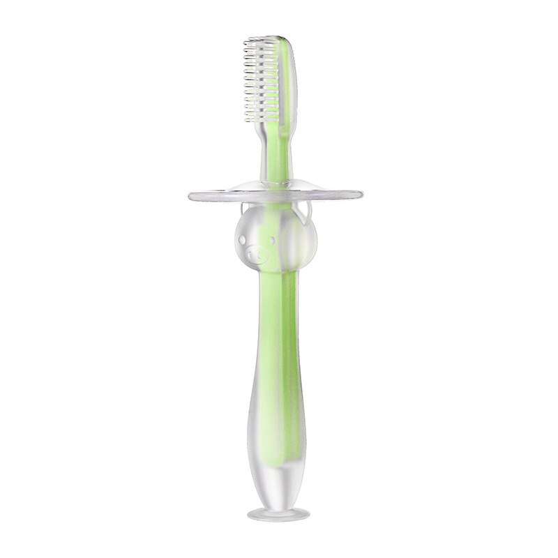 Suction Cup Silicone Training Toothbrush for Baby Standable Child Toddler Mouth Cleaning Toothbrush with Safety Baffle Plate: Green