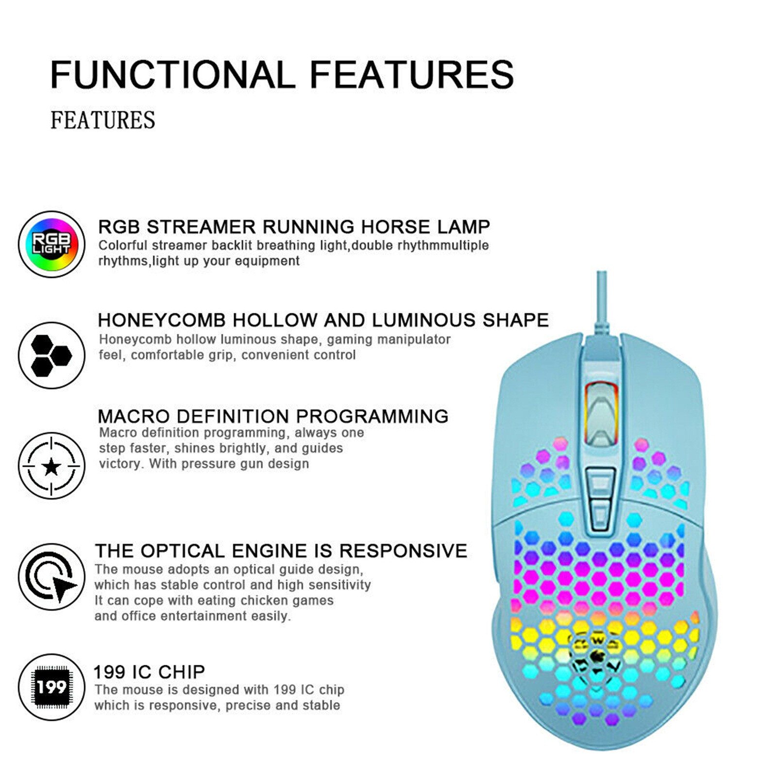 Gaming Mice Mouse 6400 DPI USB RGB Flowing Backlit Light Wired Laptop Compute USB Photoelectric PC Mice Luminous Mouse Colorful