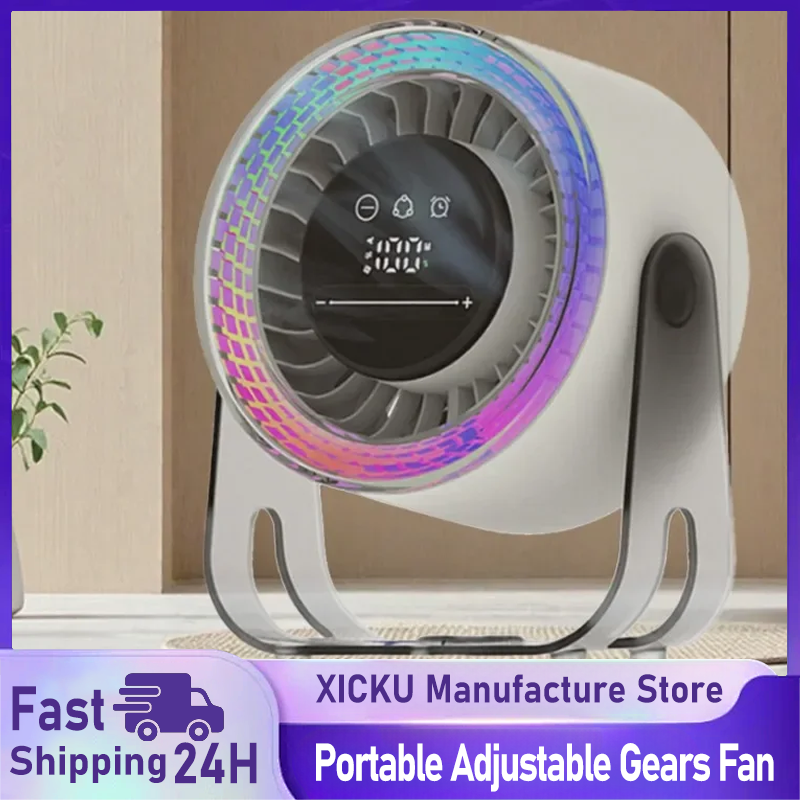 XIKCU Adjustable Gears Fan Portable Wall Hanging Fan with Colorful Lamp Intelligent Temperature Control Digital Display Fan
