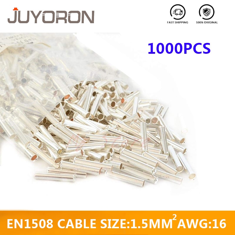 1000PCS 16AWG Bare Copper Wire Ferrules For 1.5mm2 Non-Insulated End Cable Terminal Wire Connector Tinned Crimp Terminal EN1508