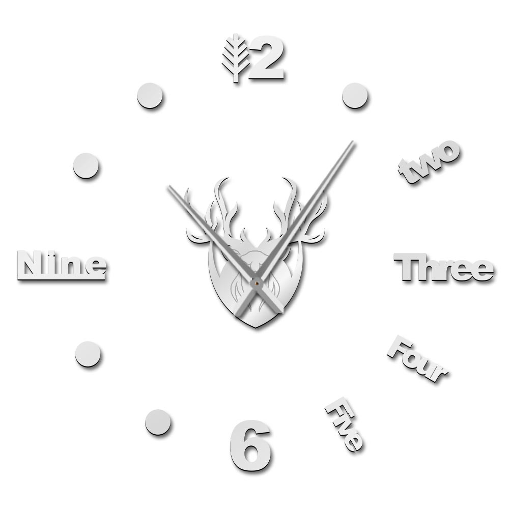 Cerf wapiti tête 3D silencieux Quartz horloge murale bois Animal chasseur miroir effet Stickers muraux pour salon grande montre: Silver / 37 Inch