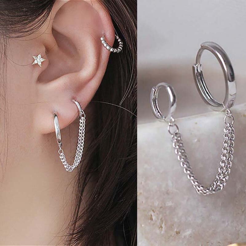 1Pc Zwei Loch Hoop Ohrring Kristall Zirkon Punk Hip Hop Ohrringe Gold Piercing Schmuck für Frauen Zubehör Mädchen: SilverB