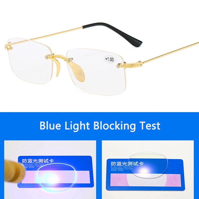 Trendy Rimless Bifocal Reading Glasses Men Women Near and Far Anti Blue Light Diamond Cutting Presbyopic Glasses gold