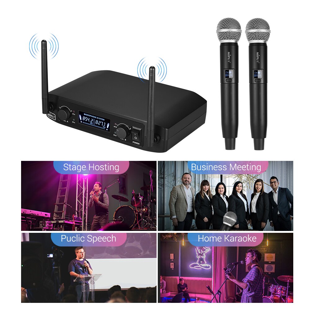 VHF Wireless 10 Channels Digital Microphone System with Two Handheld Cordless Mics and One Receiver Accessories