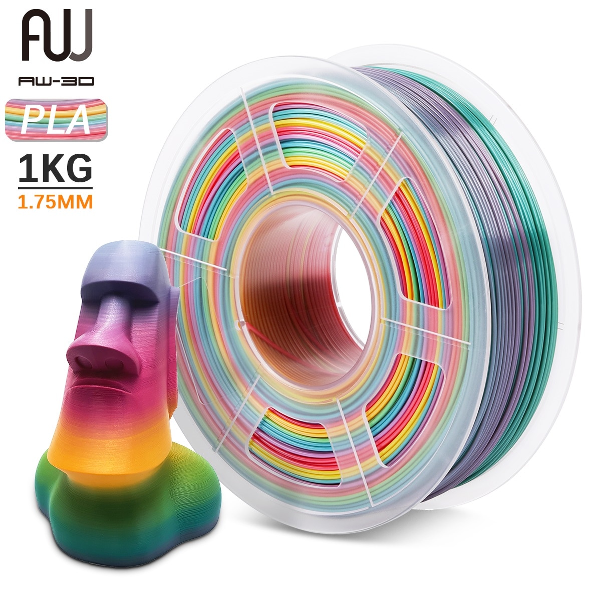 Aw 3D Pla Regenboog Filament 1Kg 1.75Mm Fdm 3D Printer Filamenten 2.2 Lbs Met Spool Tolerantie +/-0.02 100% Nul Bubbels Niet Giftig