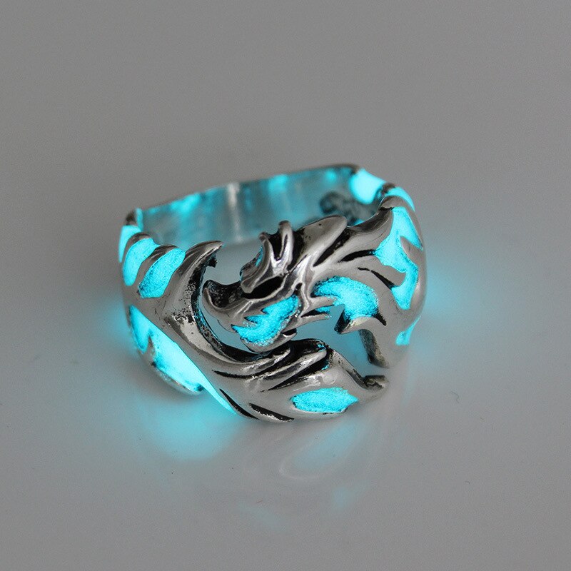 Men Gothic Punk Noctilucent Dragon Rings Vintage Silver Plated Luminous Glow In The Dark Pterosaur Ring for Boy Halloween: 7 / style 1