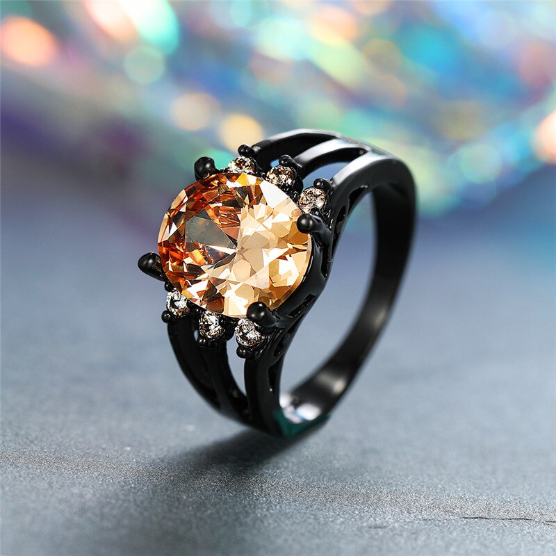 Luxury Female Big Champagne Stone Ring Vintage Black Gold Wedding Rings For Women Promise Love Oval Engagement Ring