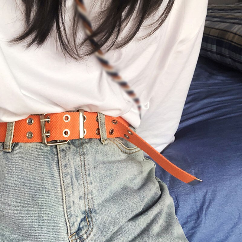 Punk Casual Canvas Unisex Riem Dubbele Rij Gaten Pin Vierkante Gesp Taille Riem Wit Zwart Student Vrouwen Mannen Jeans tailleband