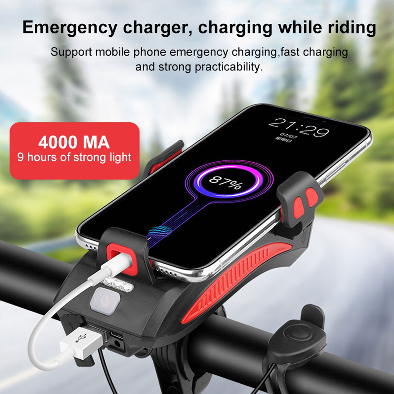 4 in 1 Cycling Front Light Bicycle Light Multi-Function Flashlight Bike Horn Alarm Bell Phone Holder Power Bank Bike Accessories