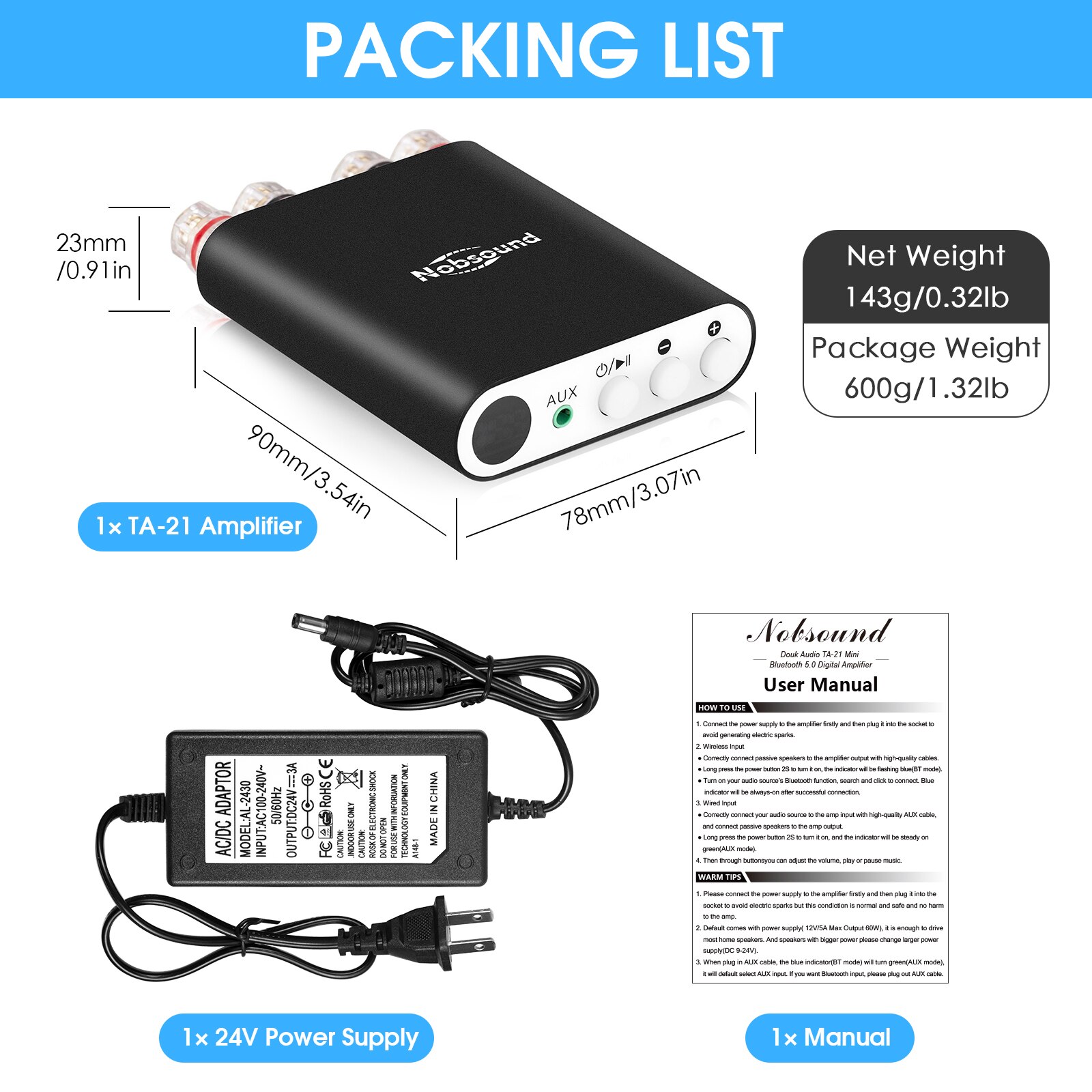 Nobsound – Mini amplificateur numérique TA-21, Bluetooth 5.0 DSP, récepteur Audio stéréo, TPA3221, puissance intégrée 100W + 100W