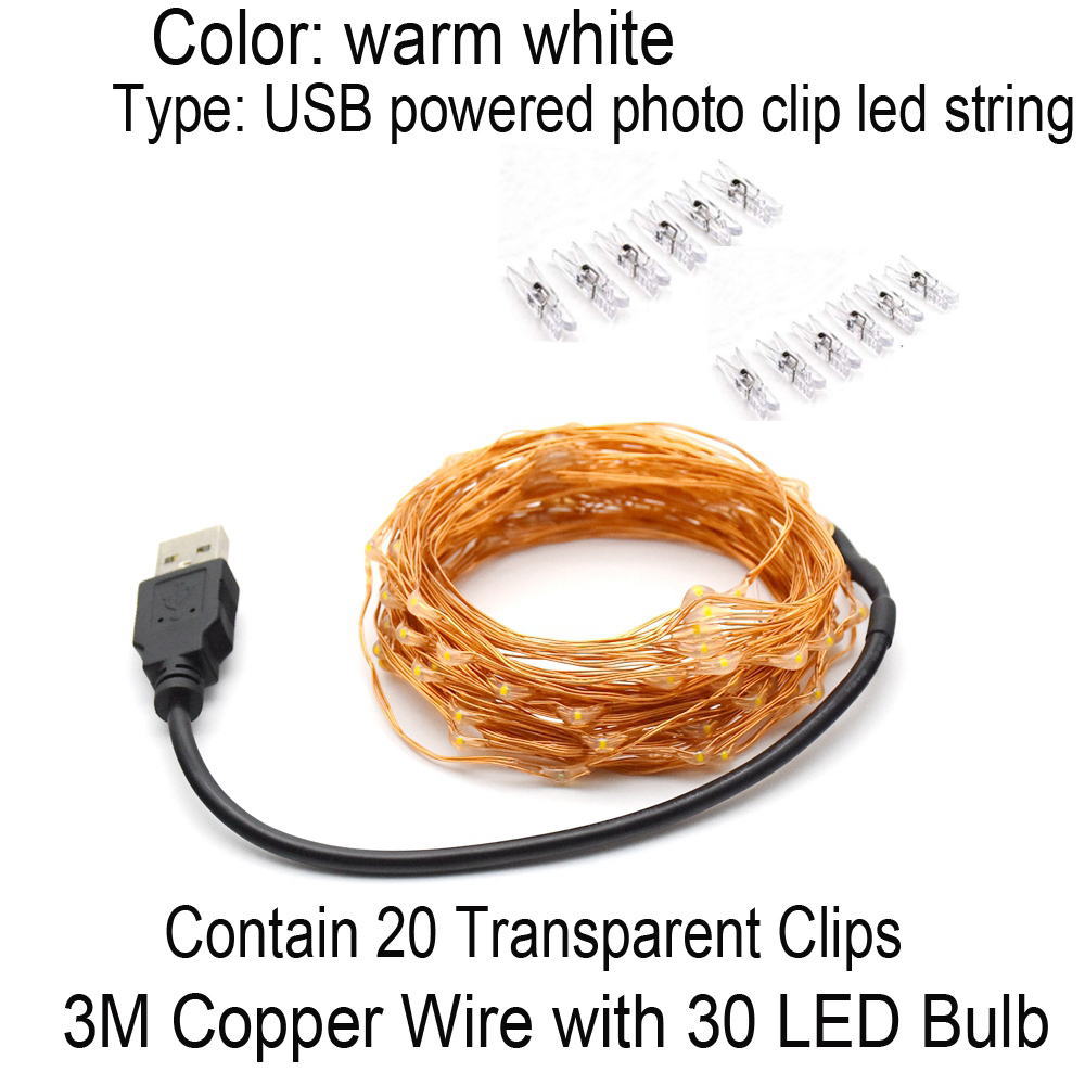 Guirnalda de luces LED con Clip para fotos, 50 luces LED de hadas, 50 Clips para colgar fotos, decoraciones de boda y pared de dormitorio: 3m USB - 20clips