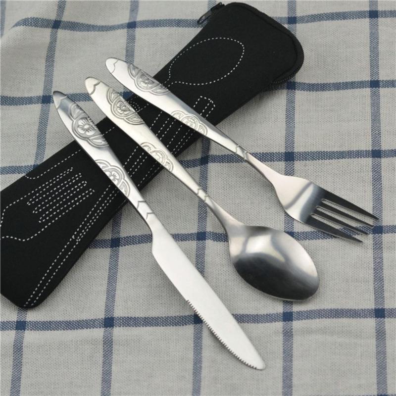 3 stk rustfrit stål bestik sæt bøf kniv gaffel ske med stofpose bærbart miljøvenligt service sæt