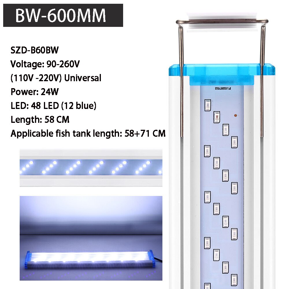 Aquarium LED light fish tank ornamental landscaping aquatic plants LED light expandable 18-75cm waterproof clip-on light110V220V: 600 white-blue