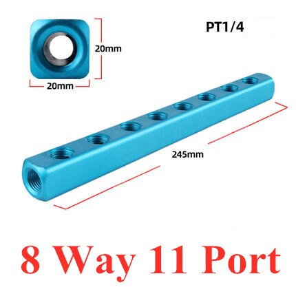 Distribuidor de colector de aire de 1/4 &quot;PT, puerto de rosca 2, 3, 4, 5, 6, 7, 8, 9 vías, conector rápido neumático, divisor de bloque de aluminio de manguera: 8 Way 11 Port