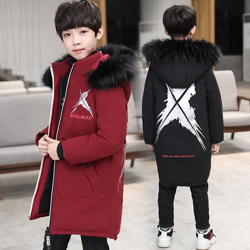 Veste d'hiver pour enfants garçons manteau en duvet solide moyen Long enfants Parka pour garçon noir col en fourrure à capuche épais vêtements d'extérieur TZ529