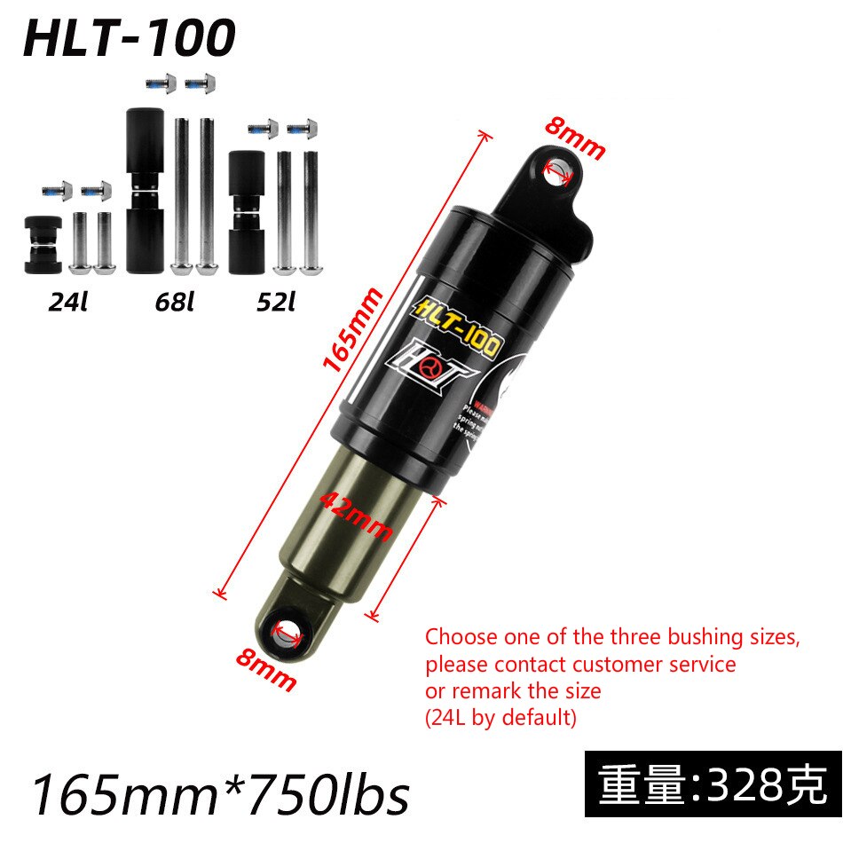 Amortisseur arrière de vélo de montagne, HLT-100 125 150 165mm 185 750 850 LBS, amortisseurs à ressort d&#39;huile pour vtt, vélo de neige et vélo électrique, 1000: 165mm x 750 Lbs