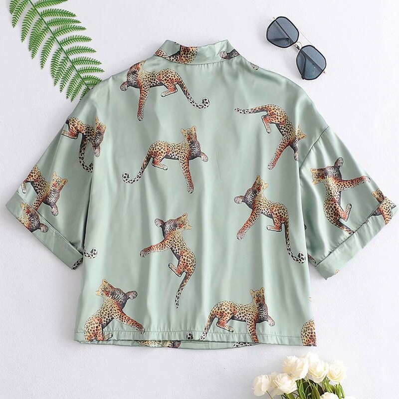 Women Animal Leopard Satin Pajama Suits Short Sleeve Shirt Tops Elastic Waist Wide Leg Shorts Set Female Summer Casual Homewear