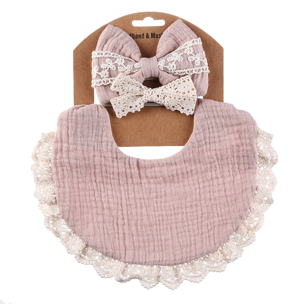 Babyvoeding Kwijl Bib Kant Hoofdband Set Zachte Katoen Speeksel Handdoek Burp Doek Voeden Kwijlen Slabbetjes Schattige Kinderen Haar Accessoires: pink purple