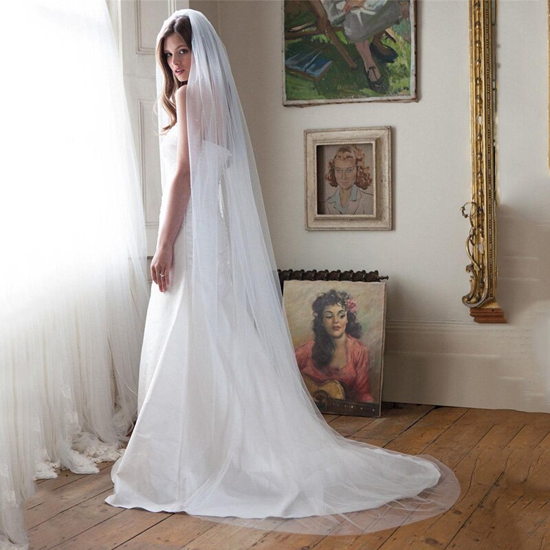 Voile de mariée blanc ivoire à bords coupés, 1 couche, longueur de valse, perles, avec peigne, dentelle nagerienne