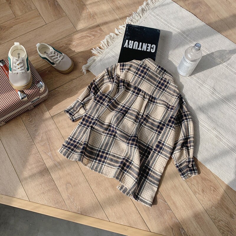 Spring Korean Style Baby Girls Plaid Long Shirts Loose casual Tops Off-shoulder Kids Clothes Children Blouses