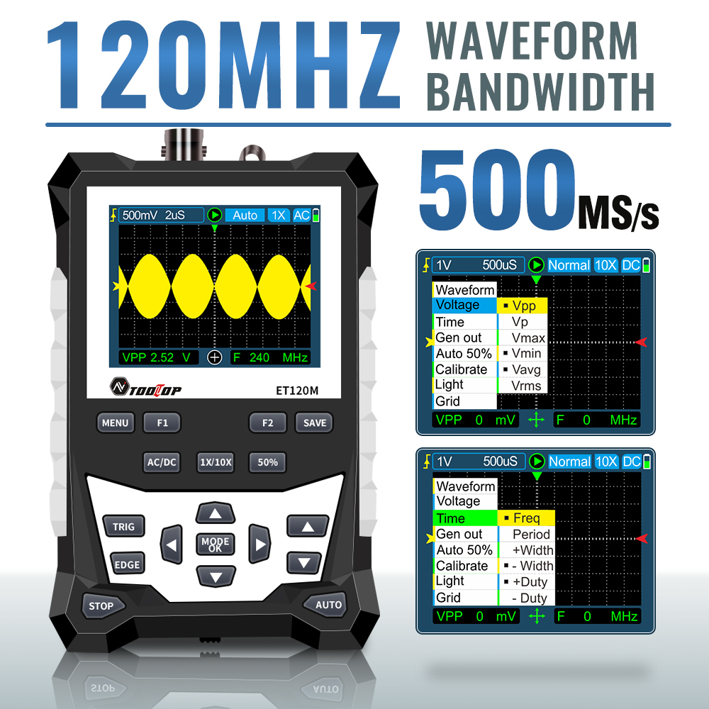 TOOLTOP ET120M 500 MS/s 120MHz osciloscopio Digital reparación eléctrica de laboratorio osciloscopio portátil de mano automático