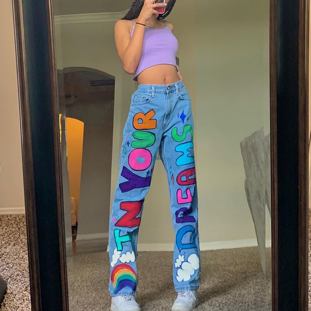 Graphique lettre imprimé Baggy femmes jean pantalon taille haute jambe large Punk Y2K mignon Demin Streetwear e-fille Jeans décontractés
